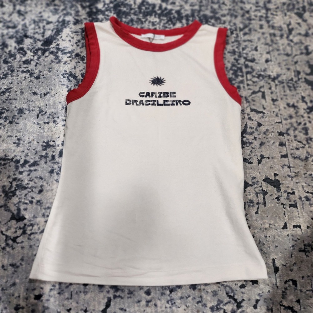 Zara Caribe Brasileiro Ringer Tank Top Cream Red Graphic Sleeveless Shirt Med